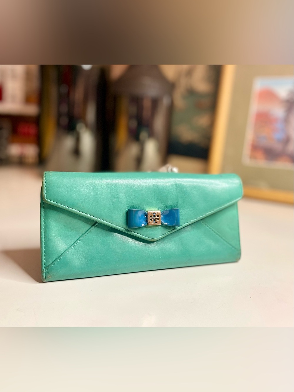 Tory Burch Green Leather Continental Envelope Wallet with Blue Enamel Bow